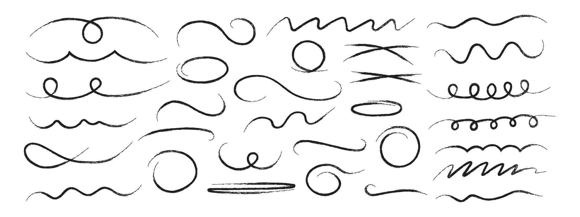 Hand drawn wavy, crossed out lines, circles and ovals. Decorative vector graphic elements. Black brush and pencil strokes. Scribbles with brush strokes