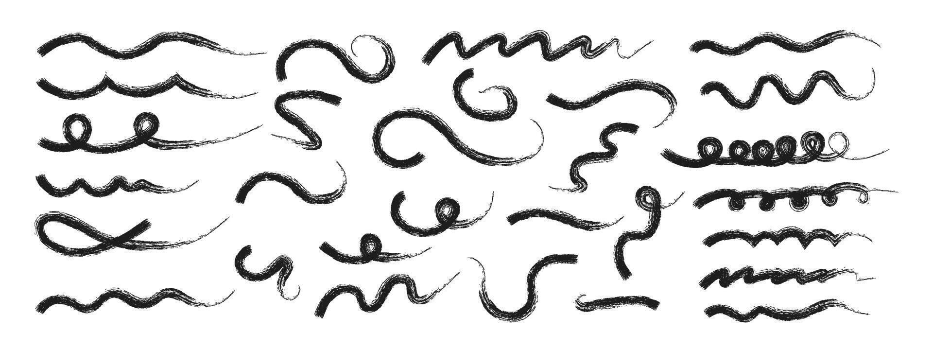Hand drawn wavy strokes. Decorative vector graphic elements. Black brush strokes and pencil drawing. Typographic strokes and stroke tails.