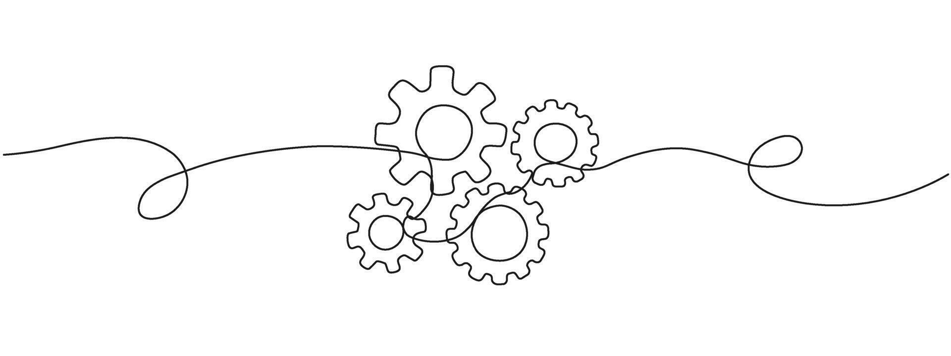 Dynamic gears one continuous editable line. Circular moving gears. Concepts of business collaboration, teamwork. Single line vector illustration.