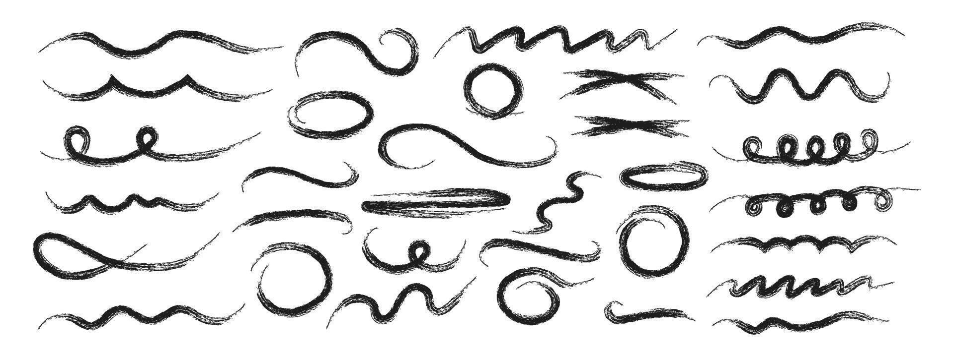 Hand drawn wavy strokes, crosshatching ovals. Decorative vector graphic elements. Black brush strokes and pencil strokes. Typographic strokes and stroke tails.