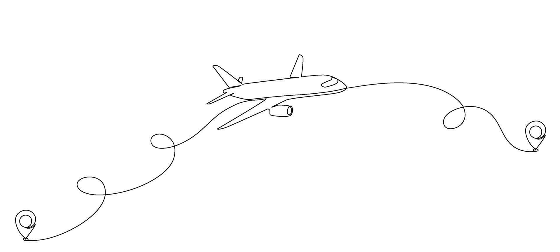 Airplane flight routes drawn with a single editable line. Continuous single line vector drawing of airplane flight concept with indication of start and end point of the trip.