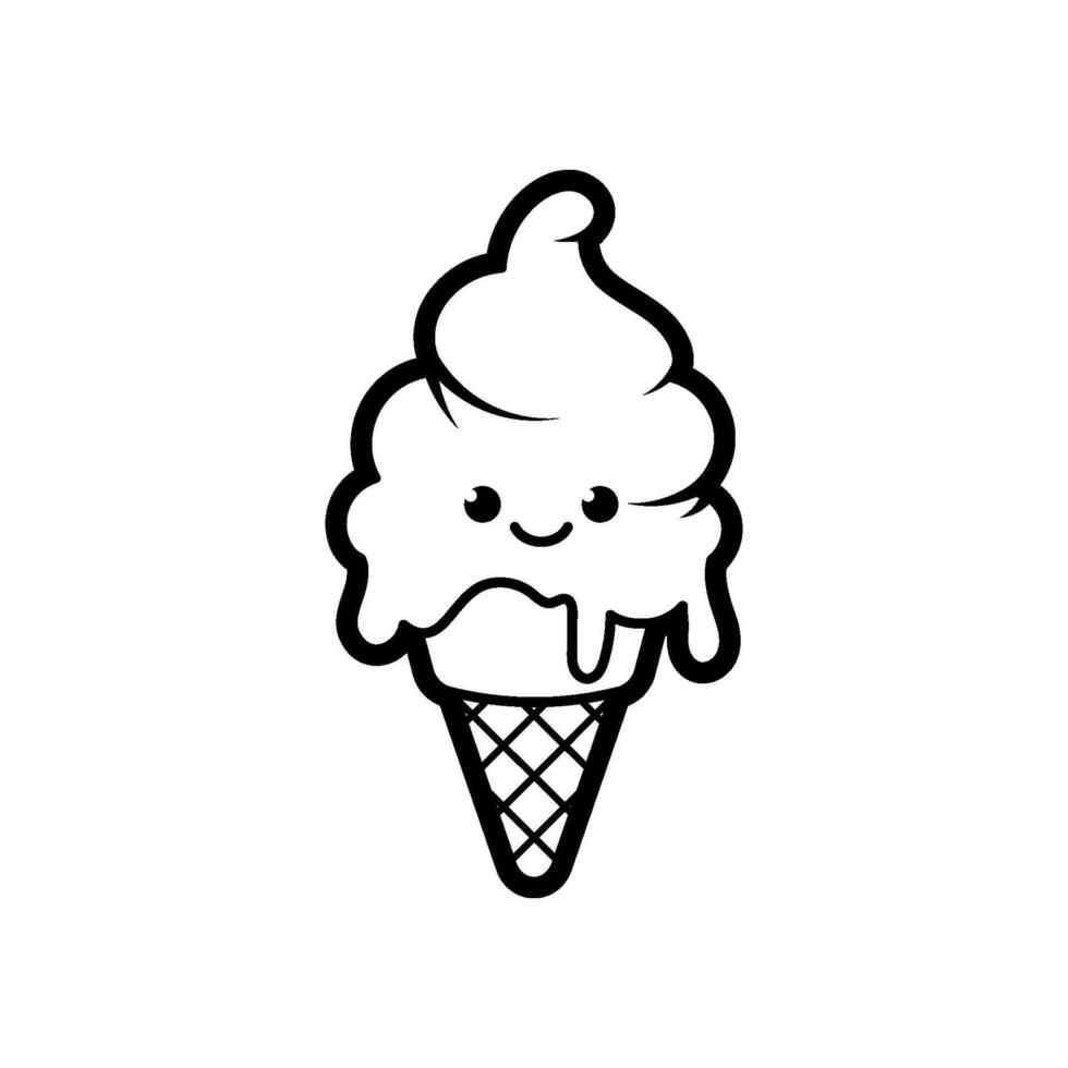 Ice cream dessert kawaii in a waffle cup, black outline, vector illustration in doodle style.