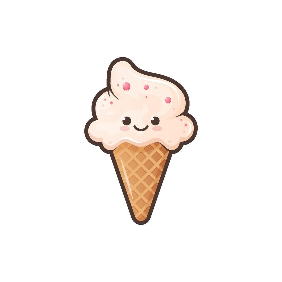 Cute ice cream waffle cone isolated on white background. Kawaii style with funny face. Cartoon sweet character. Vector Illustration.