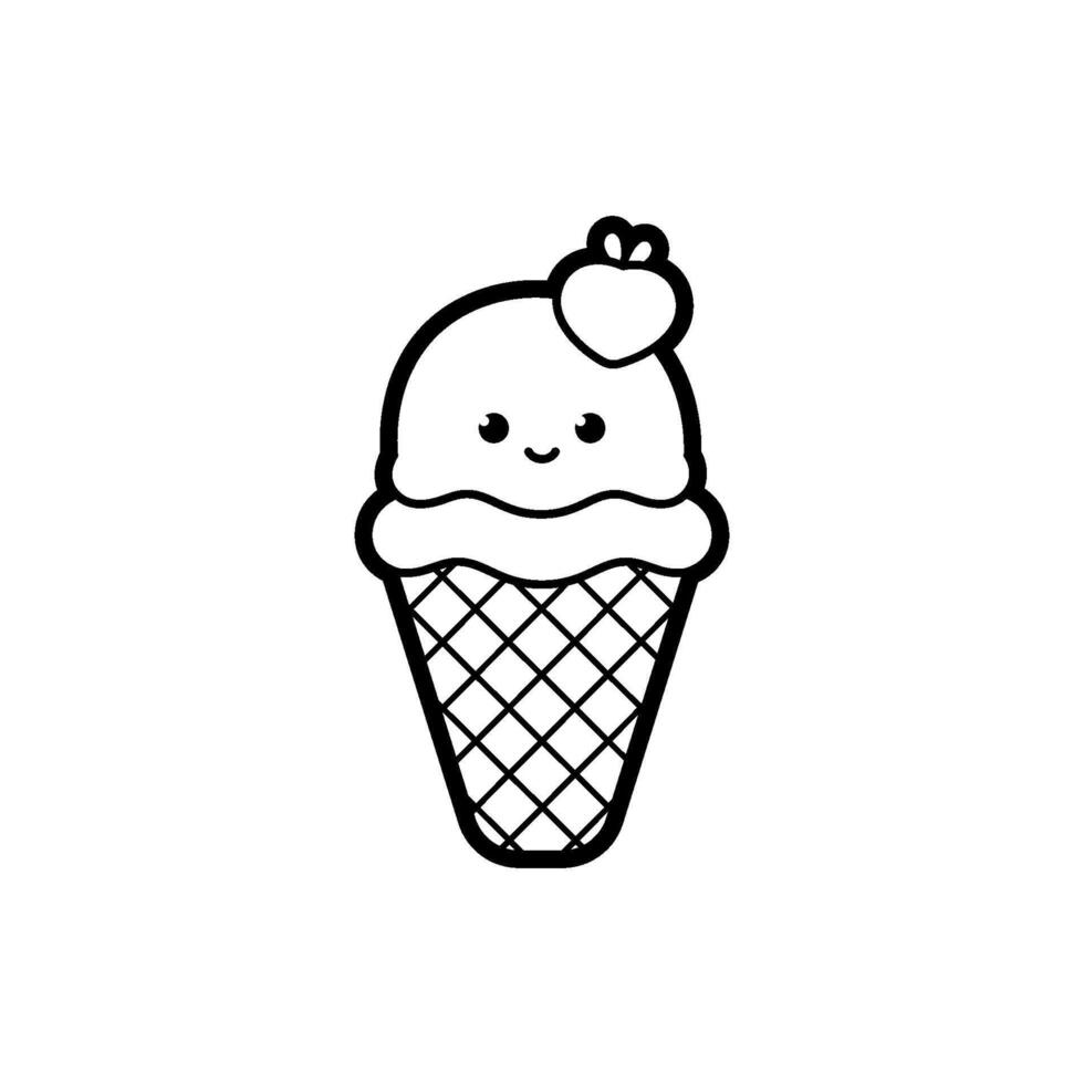 Ice cream dessert kawaii in a waffle cup, black outline, vector illustration in doodle style.