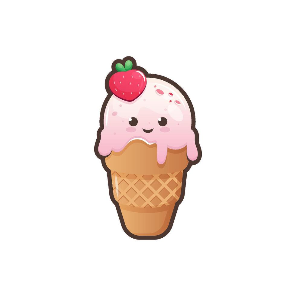 Cute ice cream waffle cone isolated on white background. Kawaii style with funny face. Cartoon sweet character. Vector Illustration.