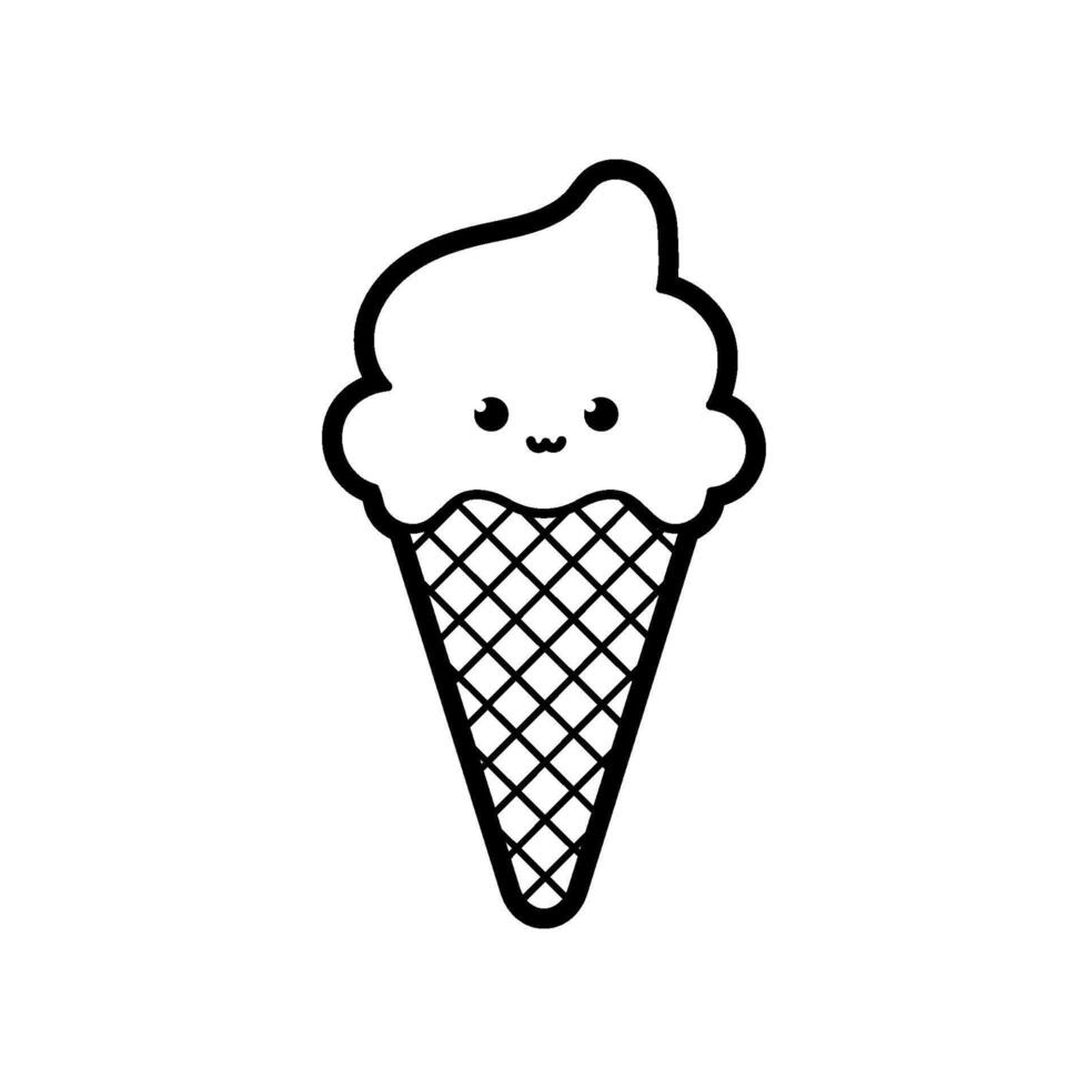 Ice cream dessert kawaii in a waffle cup, black outline, vector illustration in doodle style.