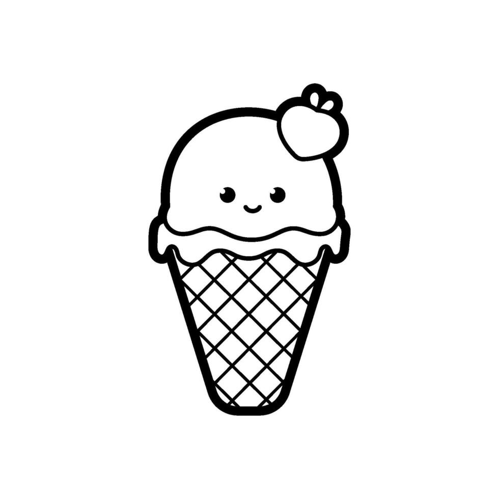 Ice cream dessert kawaii in a waffle cup, black outline, vector illustration in doodle style.