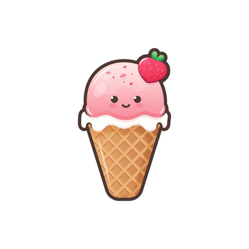 Cute ice cream waffle cone isolated on white background. Kawaii style with funny face. Cartoon sweet character. Vector Illustration.