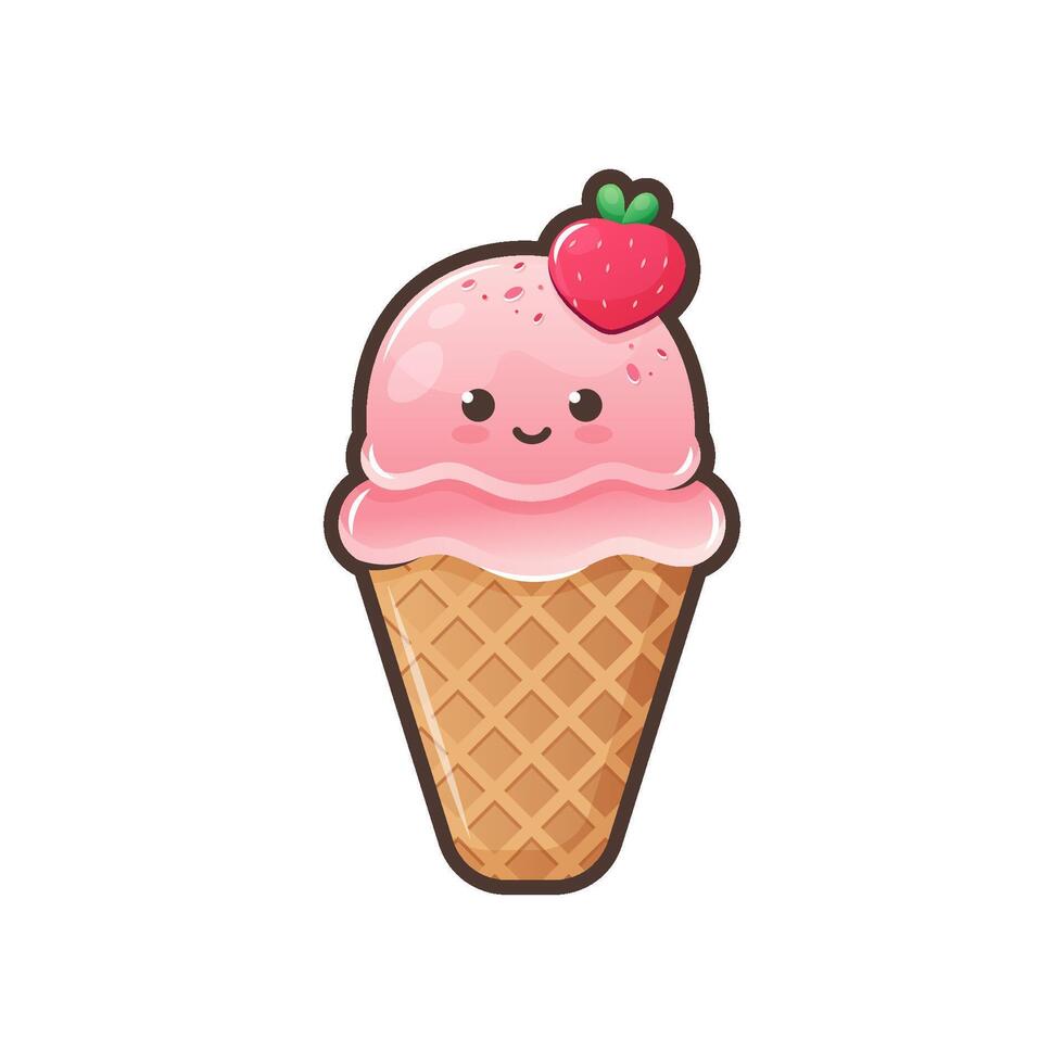 Cute ice cream waffle cone isolated on white background. Kawaii style with funny face. Cartoon sweet character. Vector Illustration.