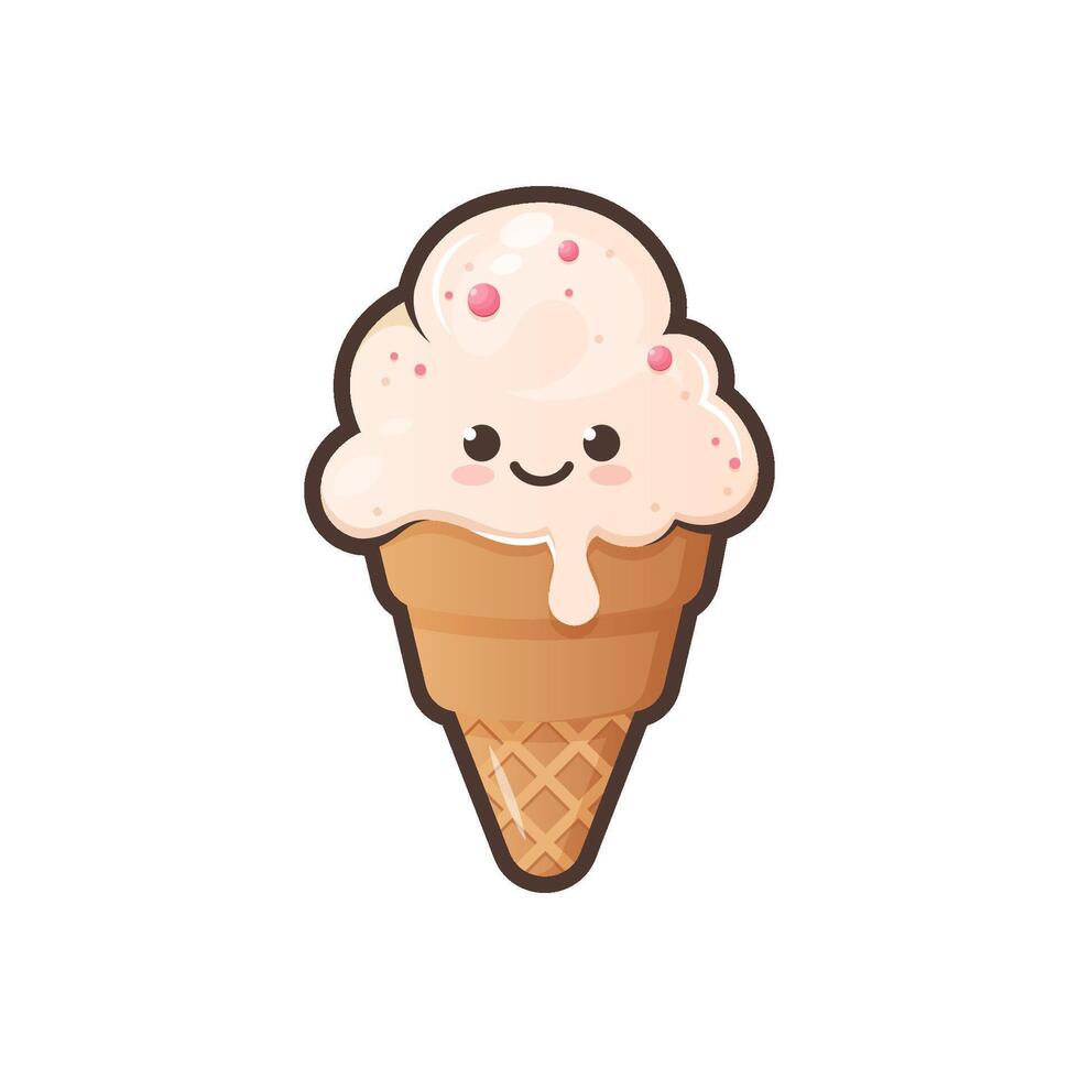 Cute ice cream waffle cone isolated on white background. Kawaii style with funny face. Cartoon sweet character. Vector Illustration.