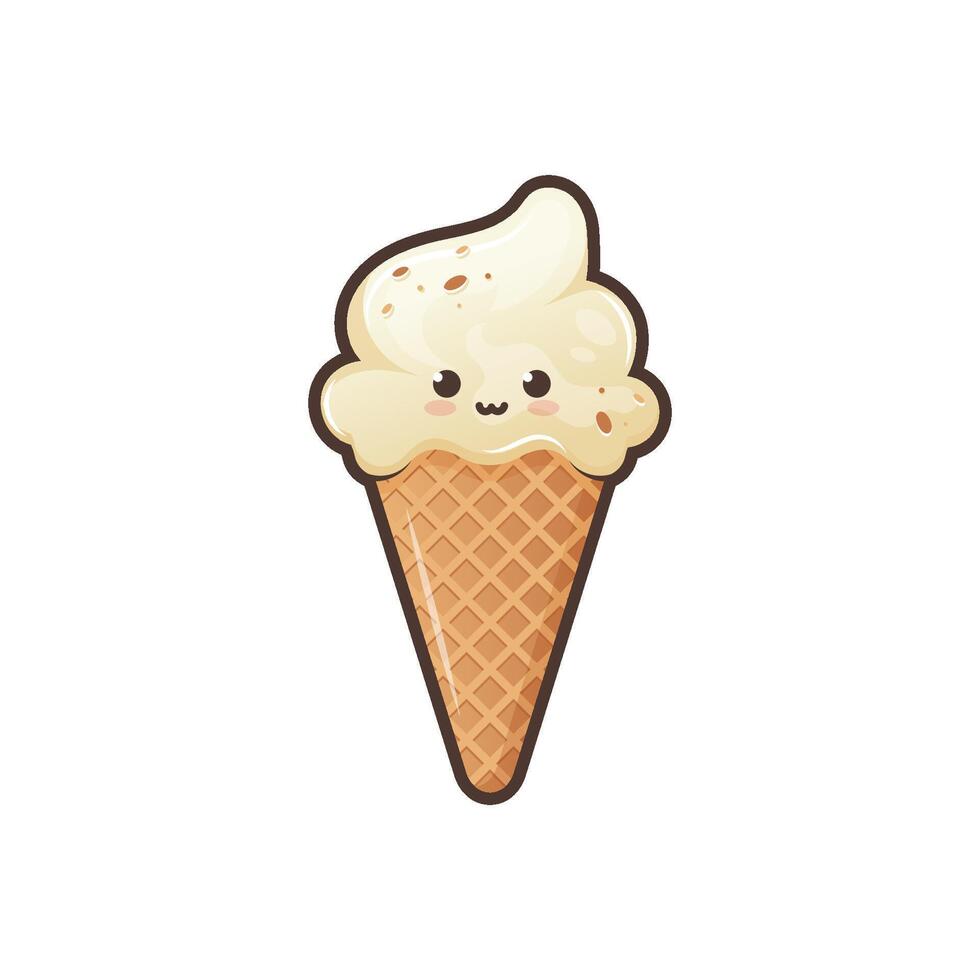 Cute ice cream waffle cone isolated on white background. Kawaii style with funny face. Cartoon sweet character. Vector Illustration.