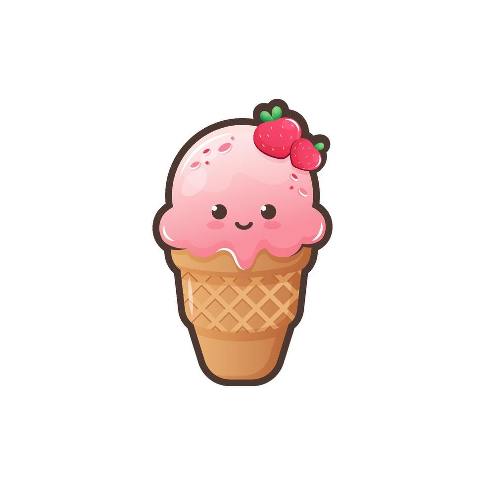 Cute ice cream waffle cone isolated on white background. Kawaii style with funny face. Cartoon sweet character. Vector Illustration.