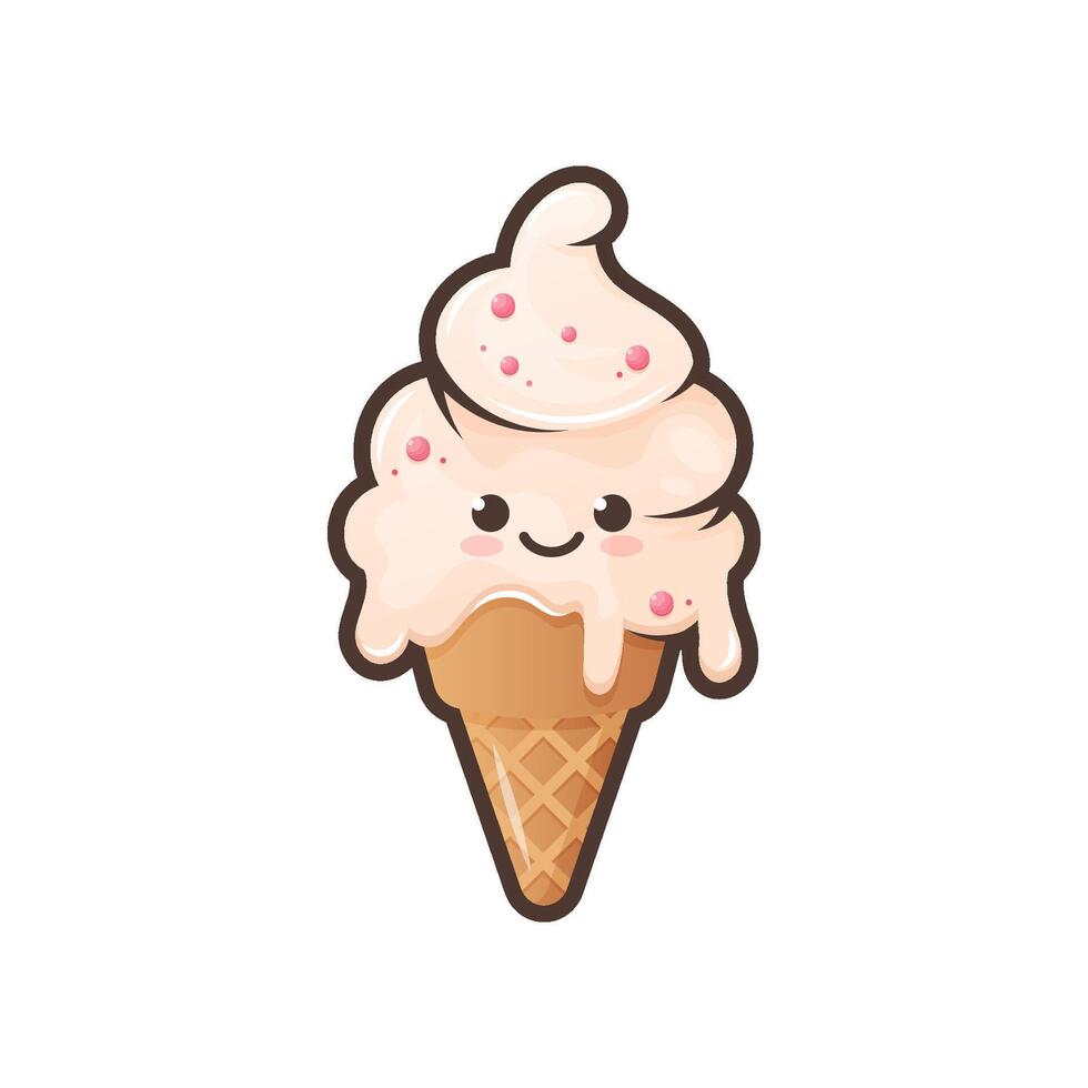 Cute ice cream waffle cone isolated on white background. Kawaii style with funny face. Cartoon sweet character. Vector Illustration.