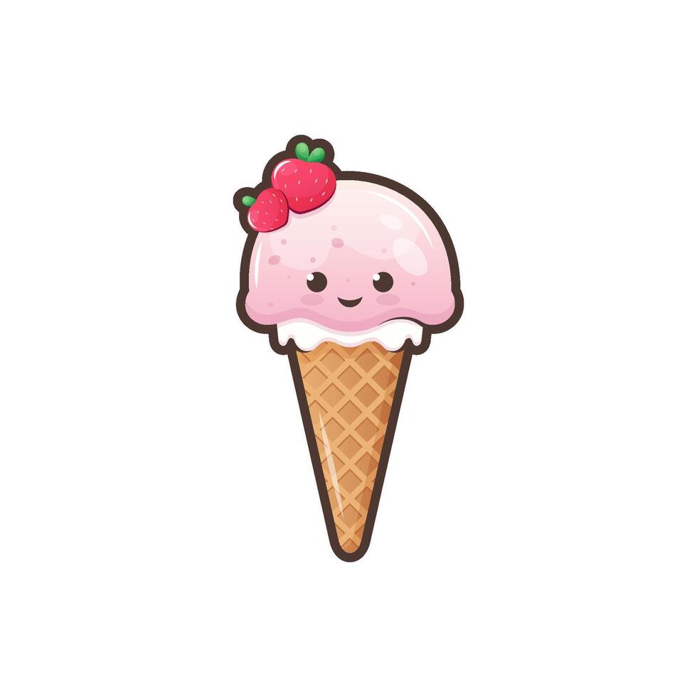 Cute ice cream waffle cone isolated on white background. Kawaii style with funny face. Cartoon sweet character. Vector Illustration.