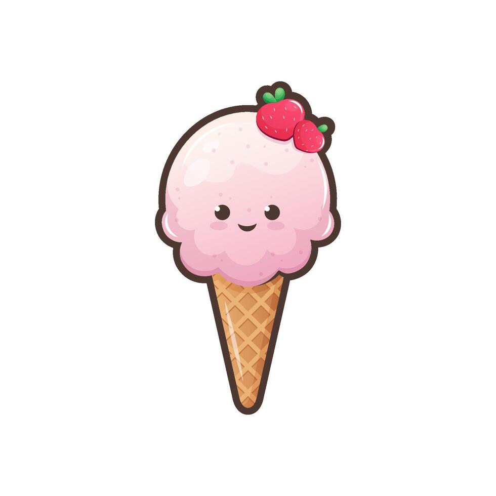 Cute ice cream waffle cone isolated on white background. Kawaii style with funny face. Cartoon sweet character. Vector Illustration.