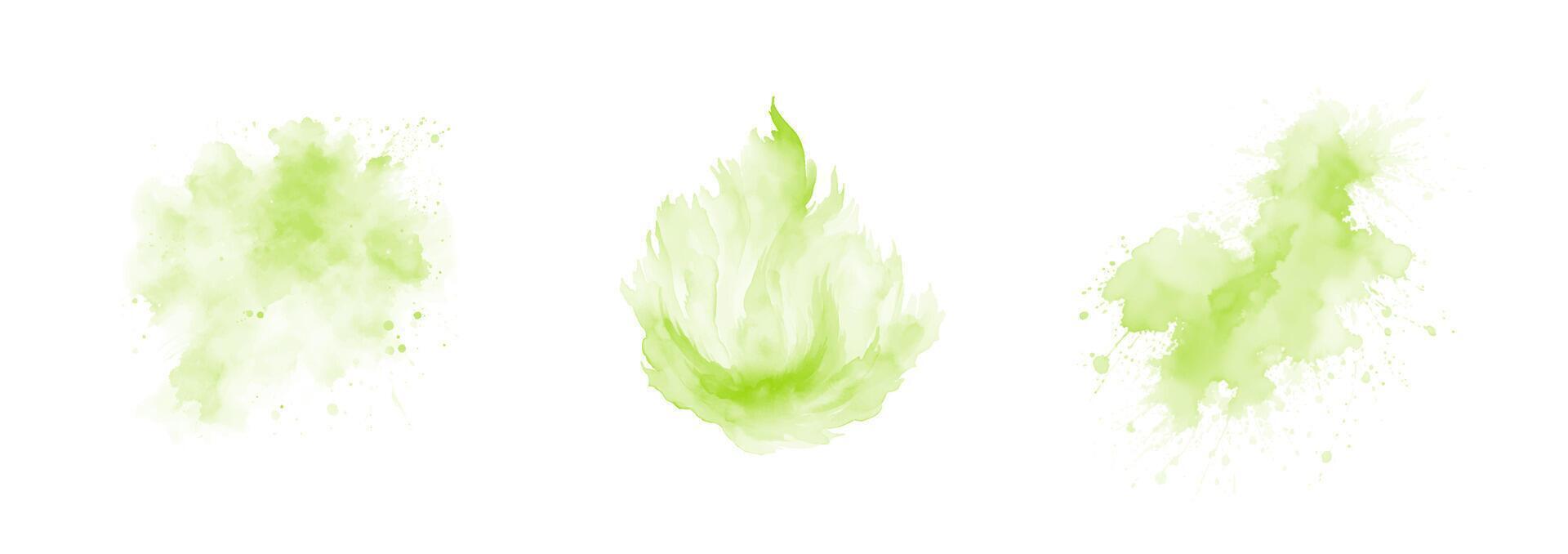 Set of abstract green watercolor water splash on a white background. Vector watercolour texture in salad color. Ink paint brush stain. Green splatters spot. Watercolor pastel splash