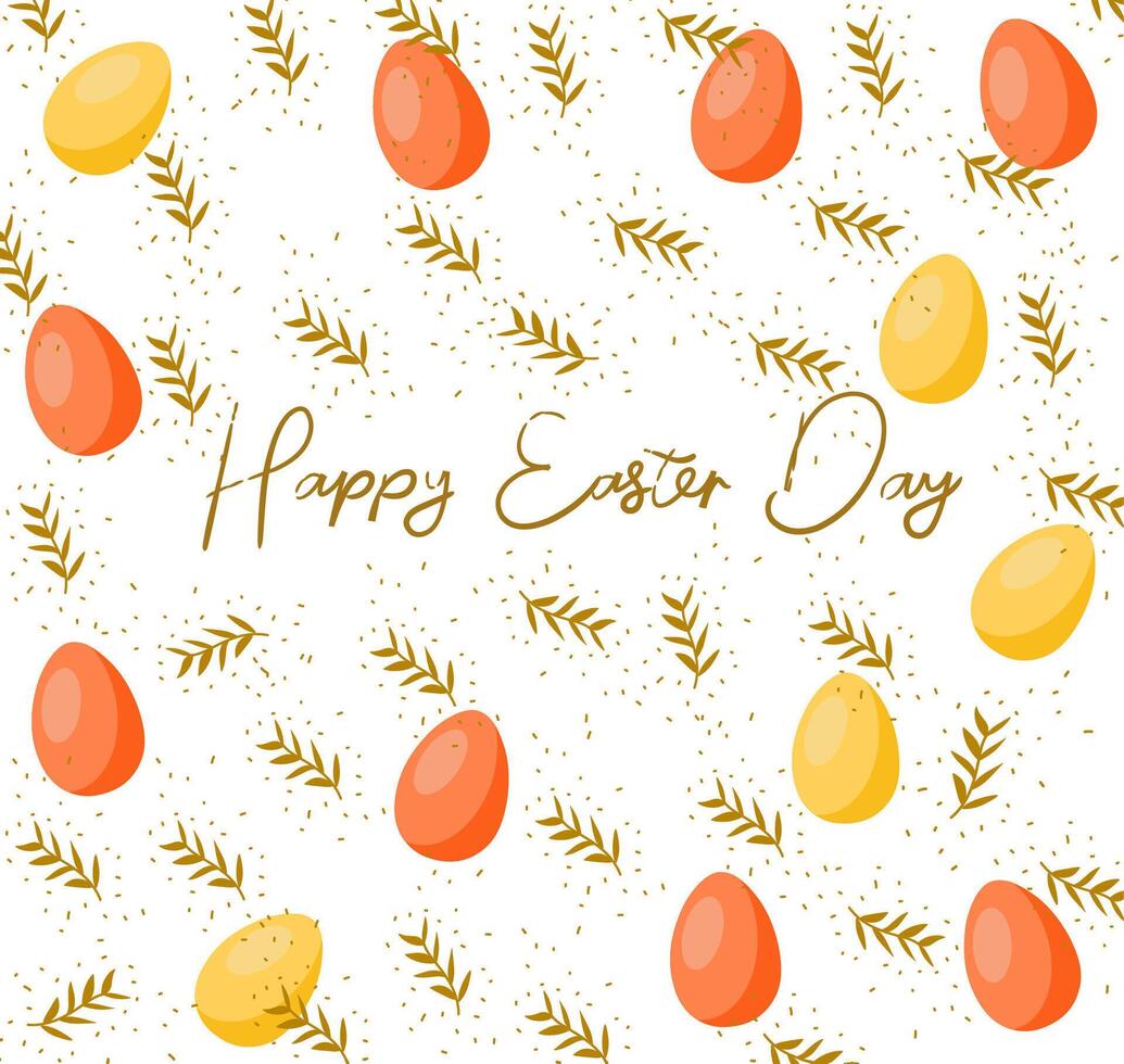 Happy Easter greeting card wallpaper with images of eggs and leaf decorations vector