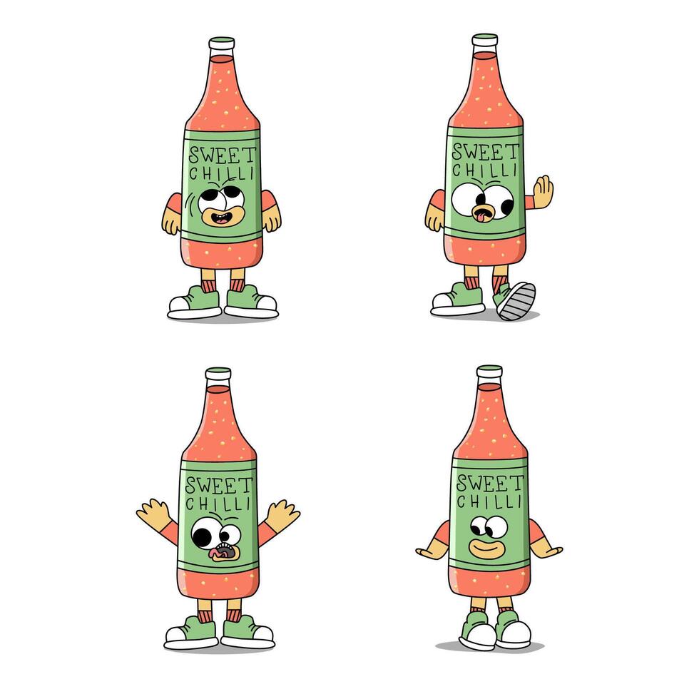 linda emoji dibujos animados caracteres caliente salsa en un botella vector