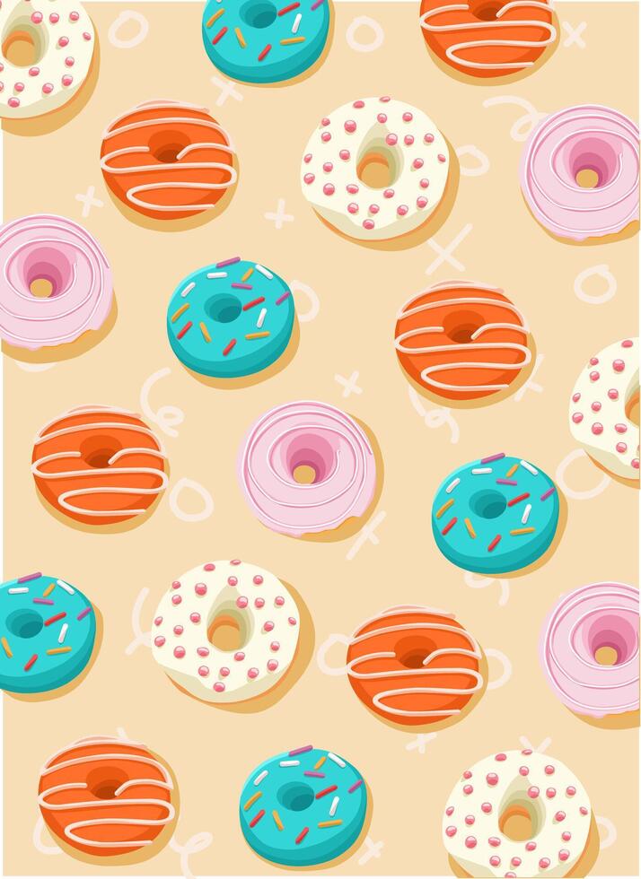 Donut wallpaper on a yellow background with colorful topping and glaze vector