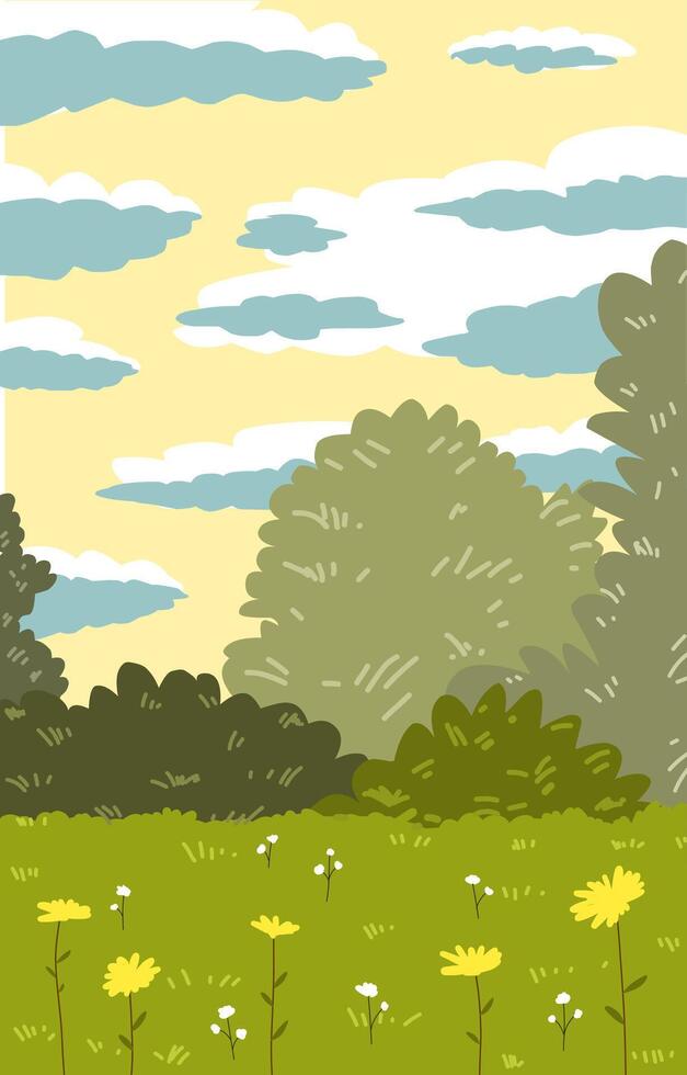 potrait fondo de pantalla de puntos de vista de flores y arboles con un amarillo cielo y nubes antecedentes vector