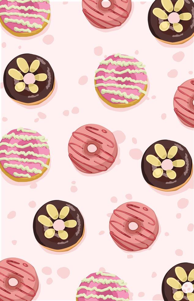 Donut wallpaper on a pink background with Chocolate topping and glaze vector