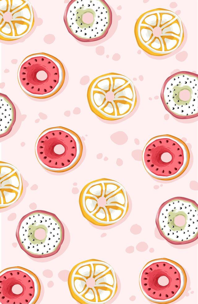 Donut wallpaper with a fruit motif on a soft colored background vector