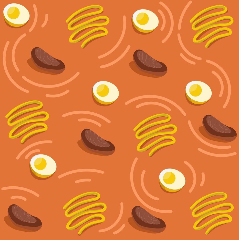 Vector food containing eggs  meat and noodles on an orange background illutration