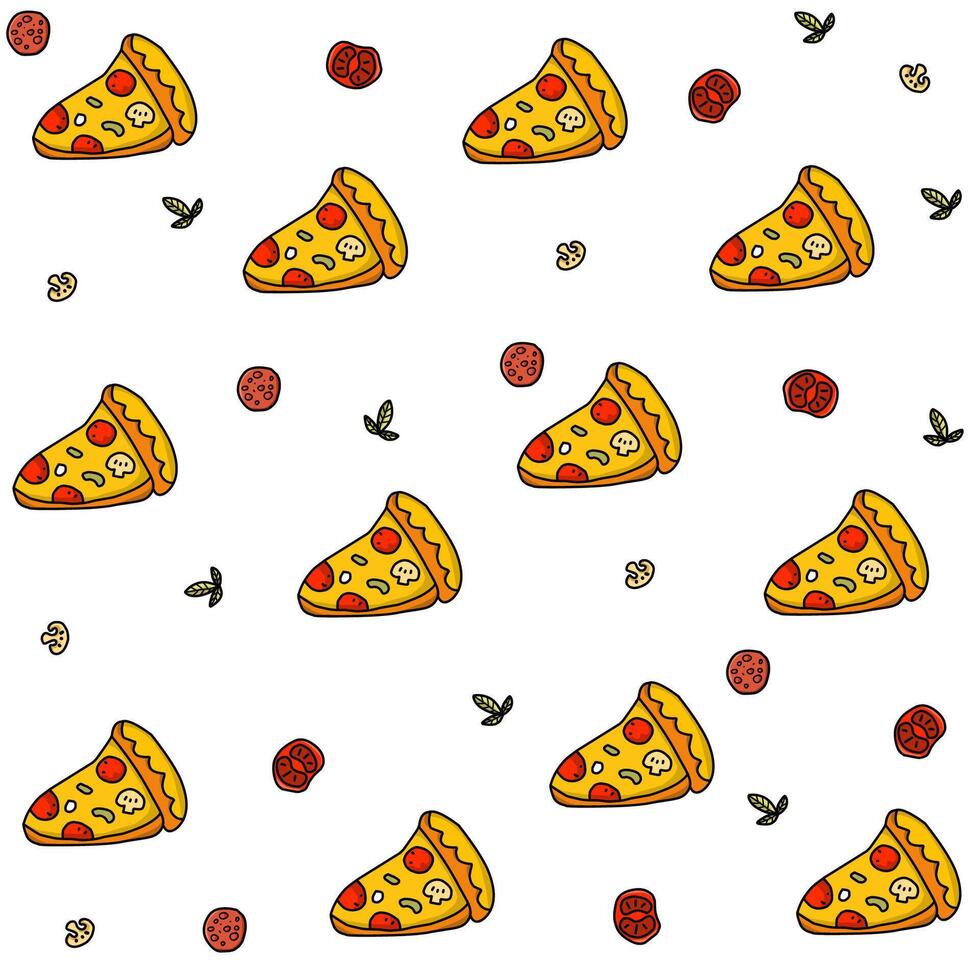 fondo de pantalla de un dibujos animados imagen de Pizza y condimentos tal como Tomates y hongos en un blanco antecedentes vector