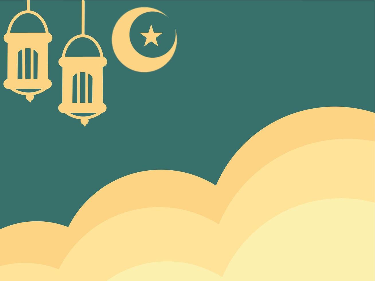 Simple Ramadan background with green and yellow colors and lantern, stars and moon decorations suitable for post cards vector