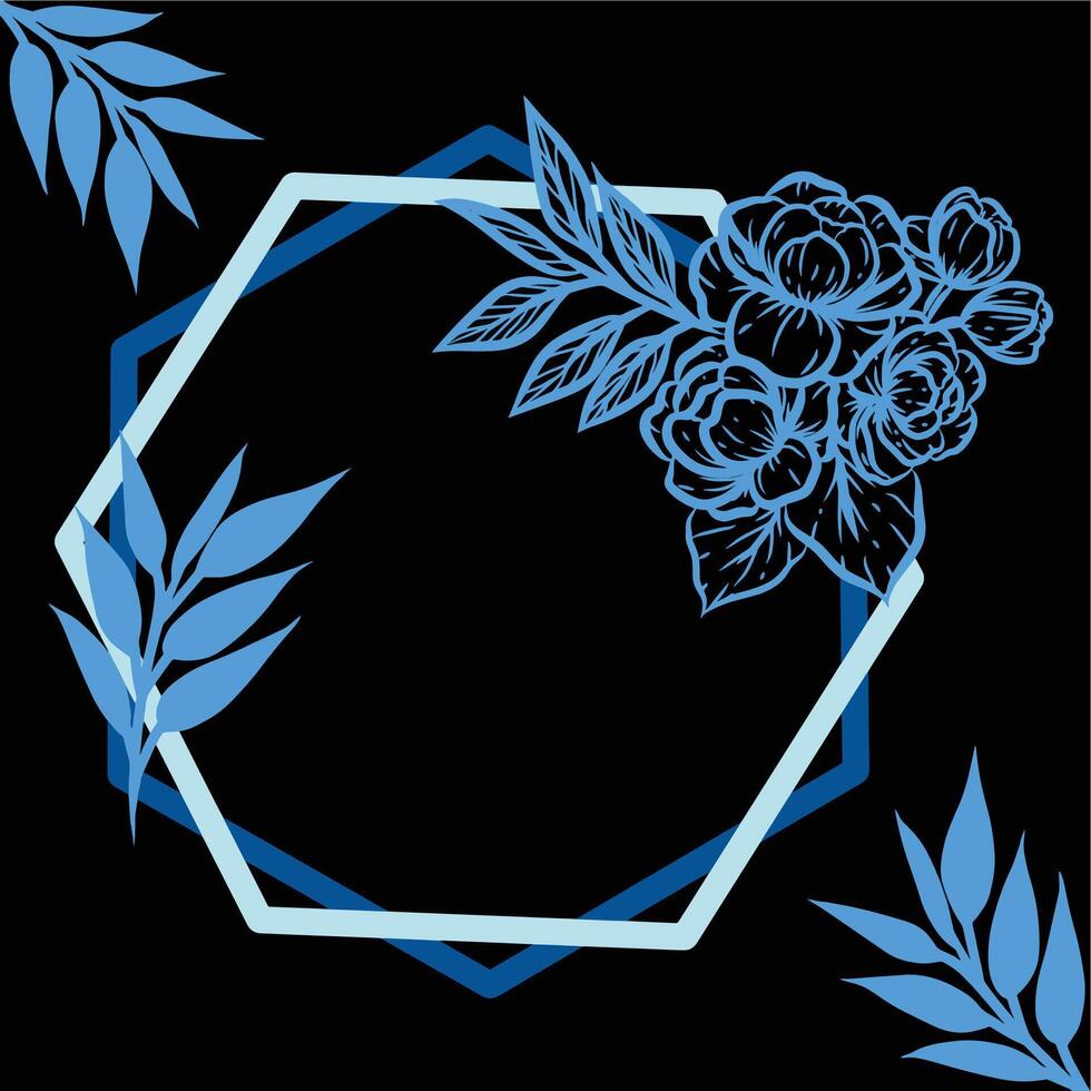 Wedding invitation with blue floral frame border frame and black background vector