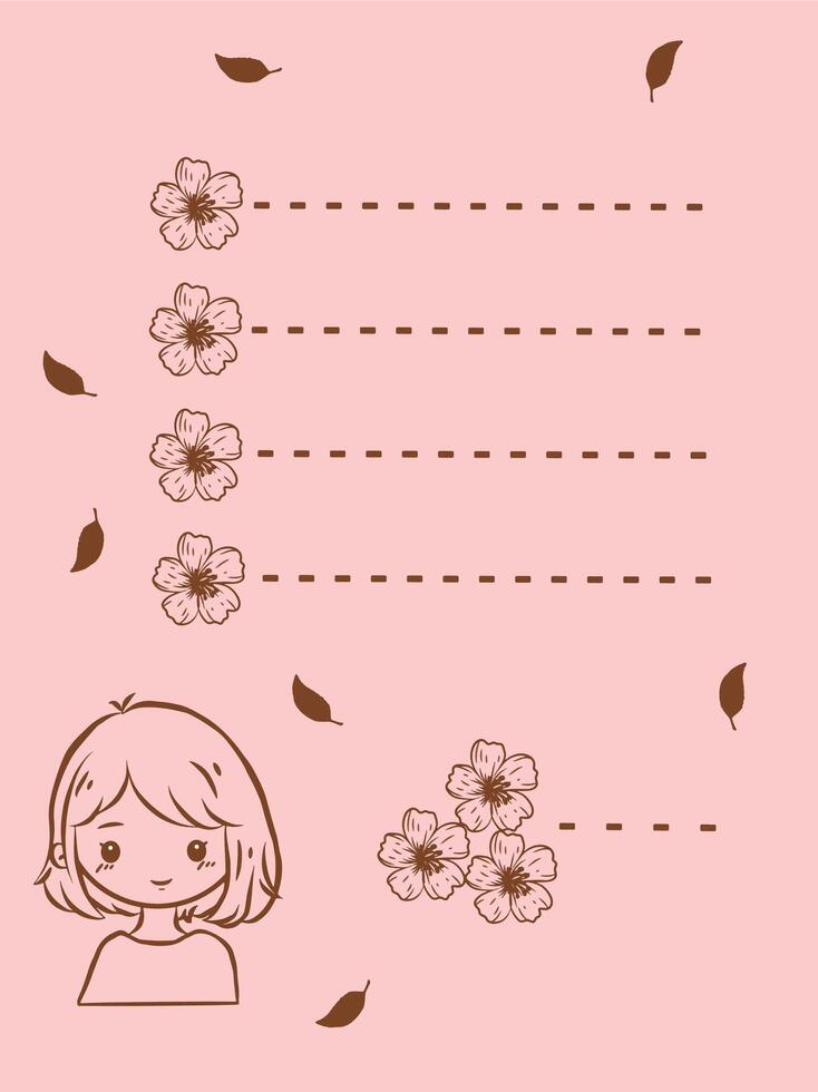 Cute illustration of pink note with cartoon flowers and girl vector