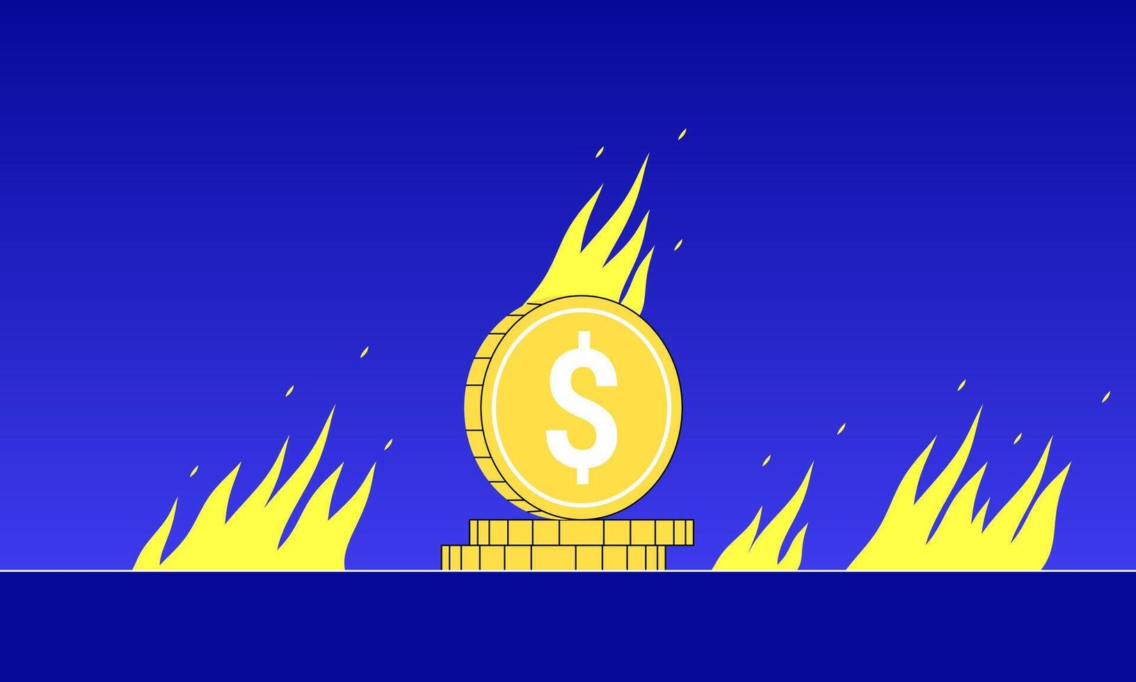 Illustration of burning coins symbolizing financial loss, inflation, and financial crisis vector