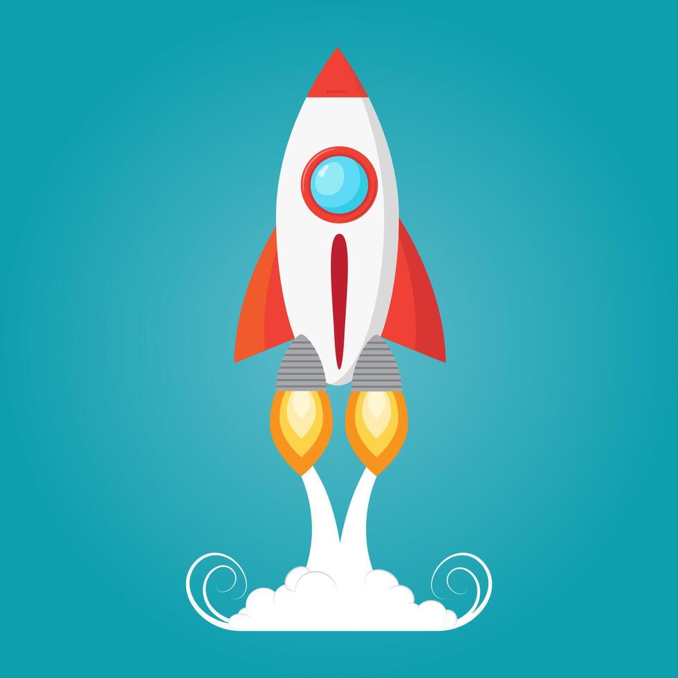 New projects start up concept. Spaceship flies up with sky clouds on blue background. Flat icon. Vector illustration with flying space shuttle. Space travel. Rocket ship launch.