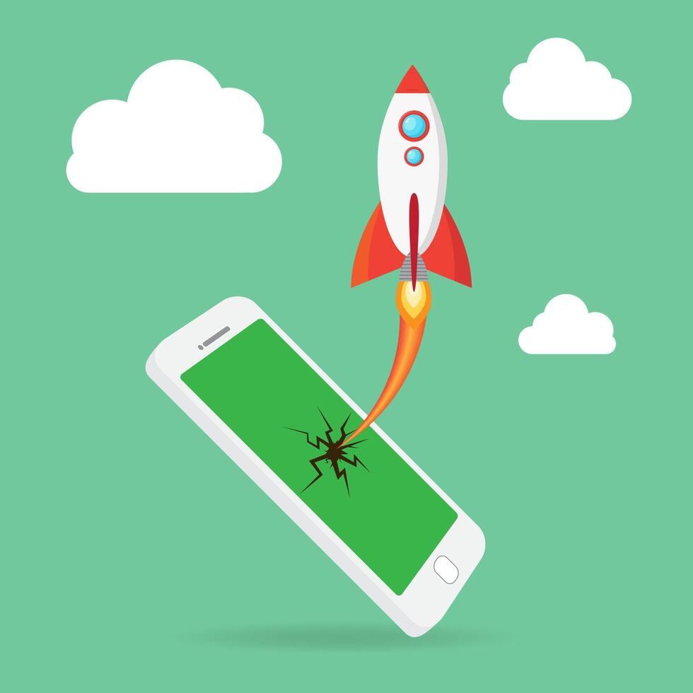 Rocket launch from smartphone startup concept. Flat design. Successful startup business concept. vector