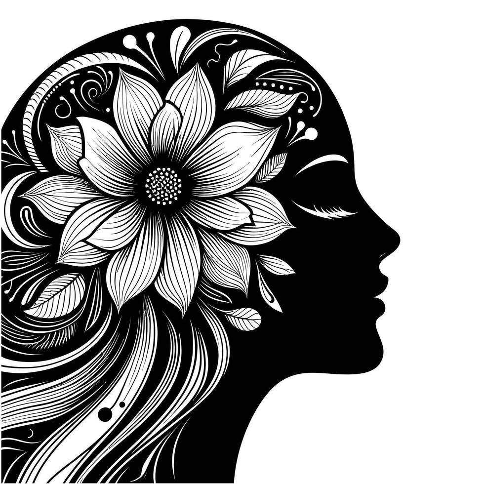 un hermosa vector ilustración de un mujer cabeza silueta con un flor adentro.