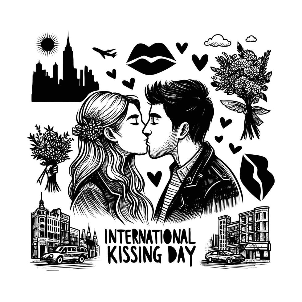 Hand drawn international kissing day vector illustration.