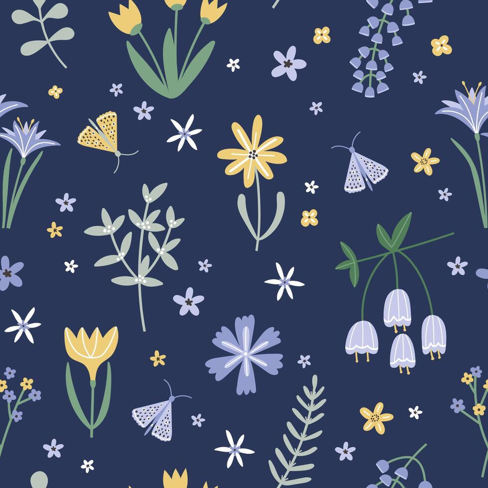 Seamless pattern with rustic hand drawn spring flowers and butterflies on dark blue background vector