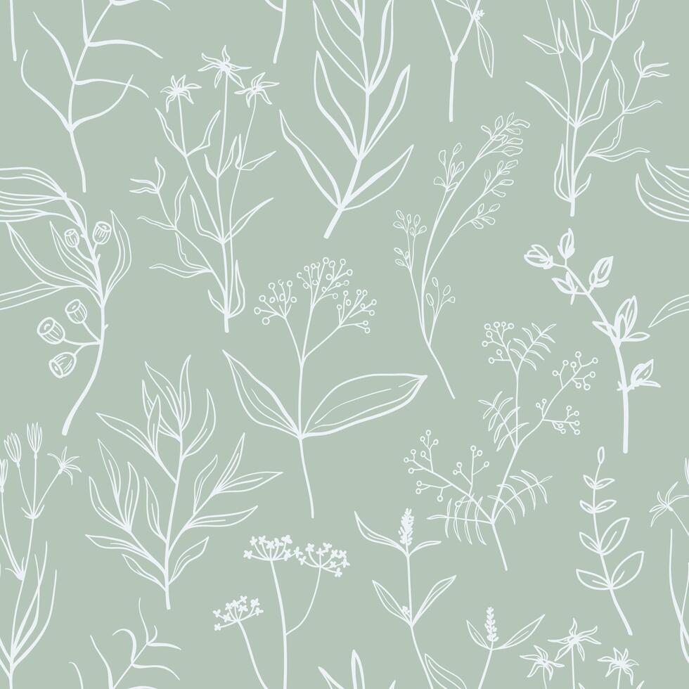 Simple hand drawn plants on green background seamless pattern. Elegant floral vector illustration