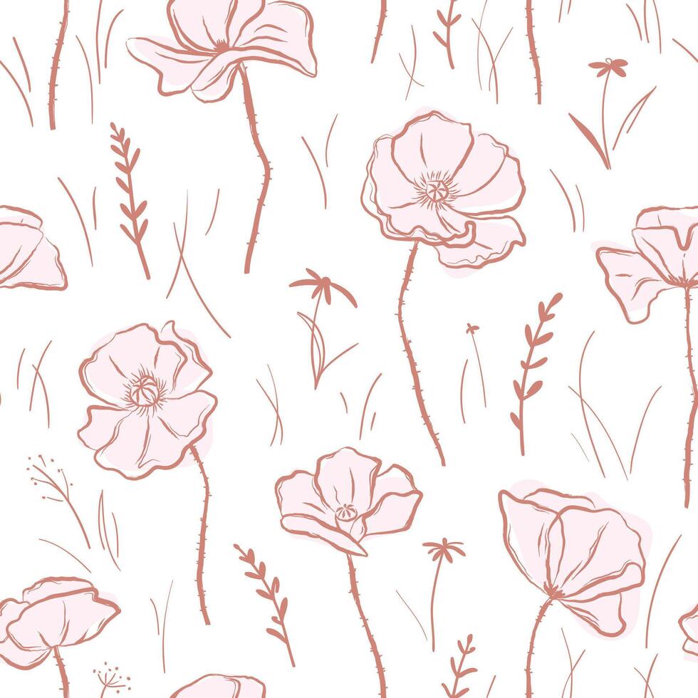 Simple hand drawn poppy flowers on white background. Seamless pattern for fabric, home textile, cover, wrapping paper vector