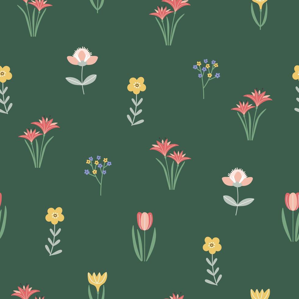 Simple floral pattern vector design. Single flowers on dark green background
