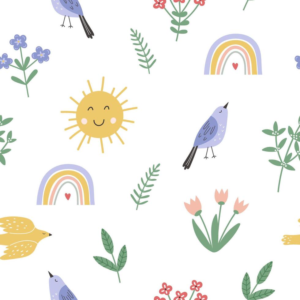 Seamless pattern with birds, sun, rainbow and flowers in childish style. Simple springtime design vector