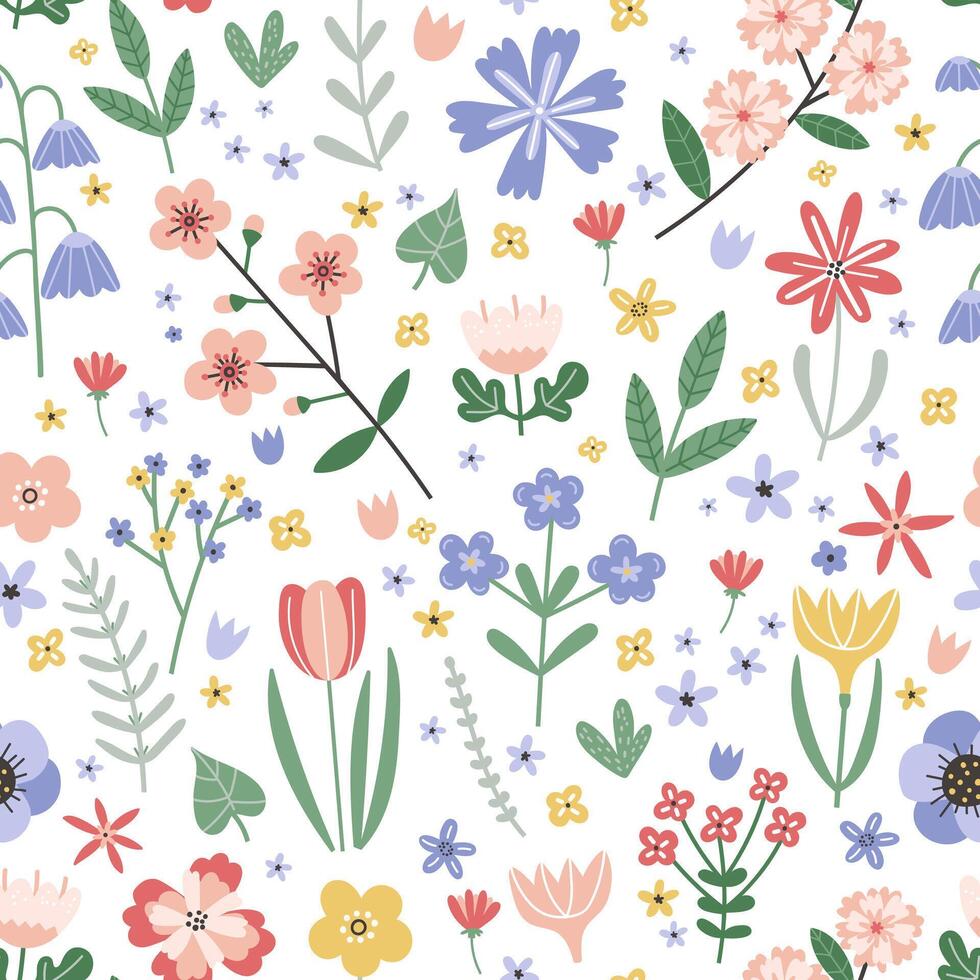 Cute seamless pattern with rustic hand drawn spring flowers on white background vector