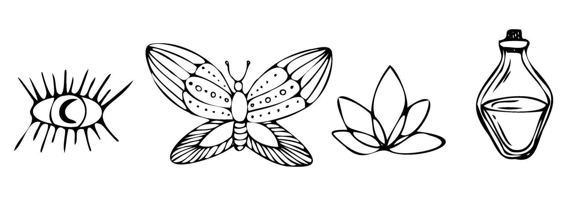 Mystic magic vector line elements. Contour minimalistic hand drawn doodle in black. mysterious eye, butterfly, lotus flower, potion bottle. Outline set of elements for logo, tattoo, books, prints