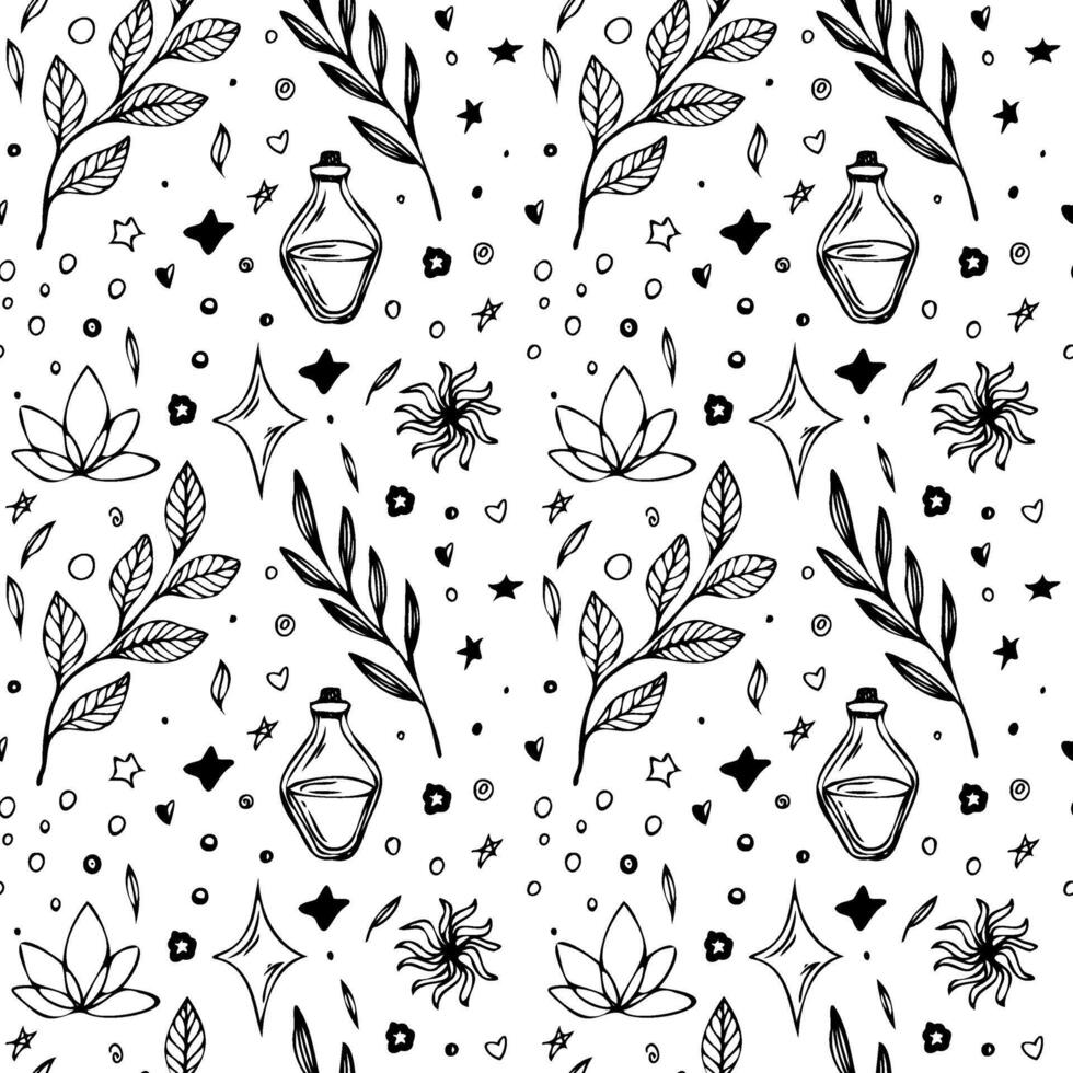 Seamless vector pattern. bottle with potion, leaves, lotus flower and starts, hearts, dots. Black outline vector illustration from isolated objects. Art for prints, book. Magic line elements