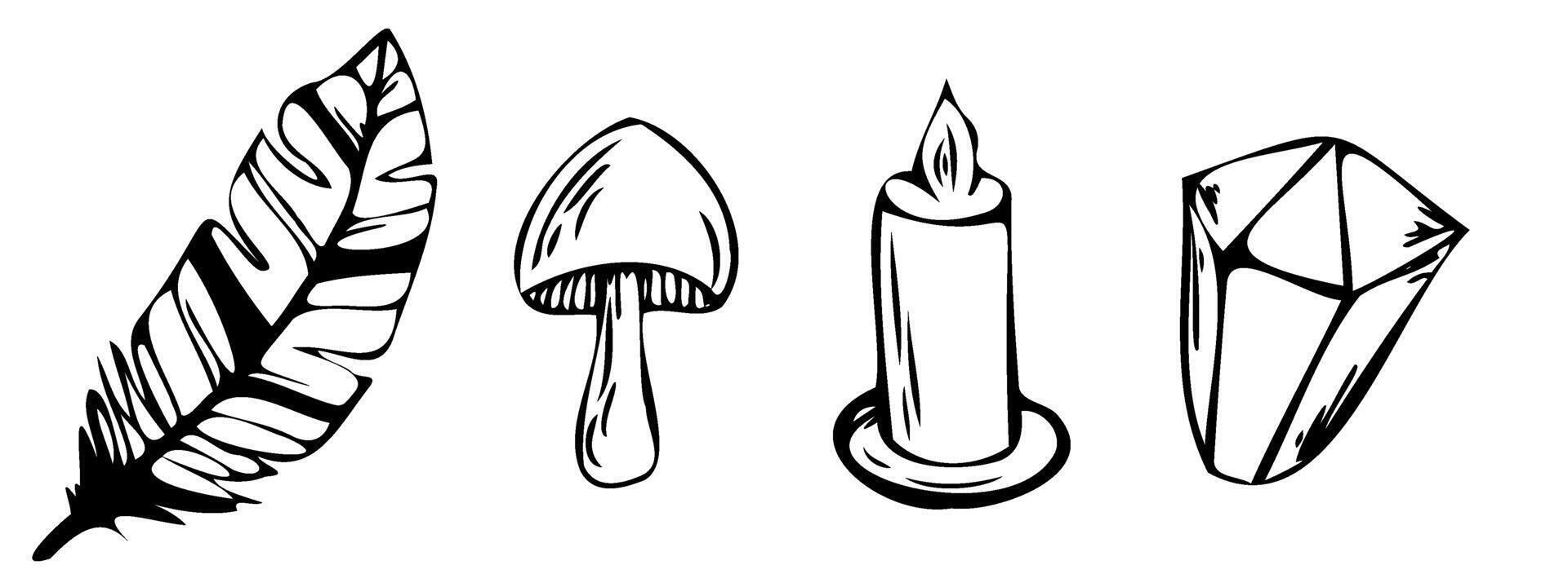 Mystic magic vector line elements. Contour minimalistic hand drawn doodle in black. mysterious feather, candle, crystal, mushroom. Outline set of elements for logo, tattoo, books, prints