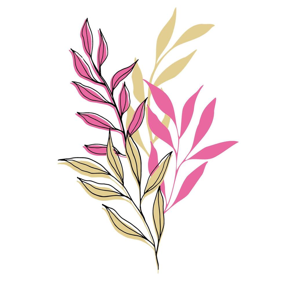 vector composition with flower, leaves and branch. Elegant art for decoration. ink hand drawing botanical illustration for backgrounds. Template for wedding cards, polygraph, logo, tattoo.