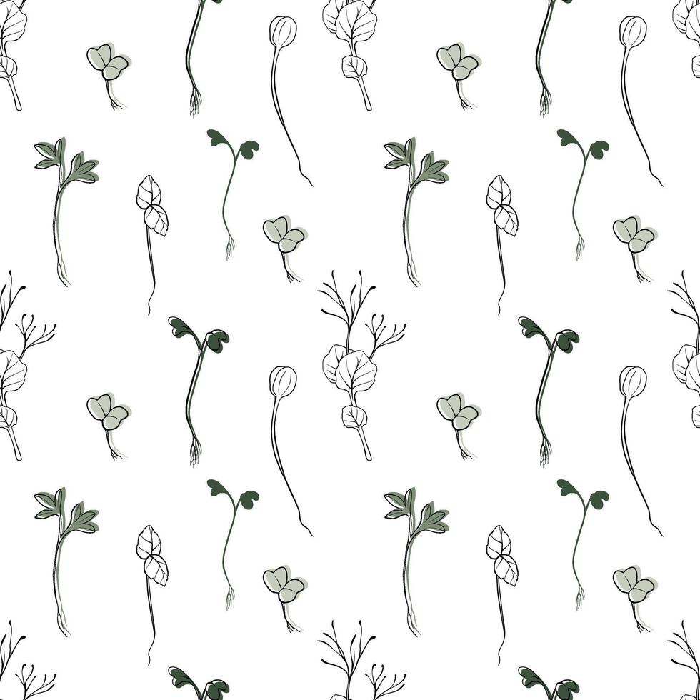 hand drawn vector seamless pattern with microgreens . Contour sprouts of watercress, spinach, mustard cress and peas, radish, sunflower, basil plant. Print for fabric, health food packaging, labels