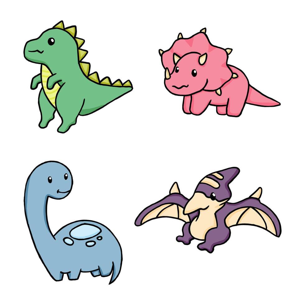 set of cute doodle dinosaur children illustration collection vector