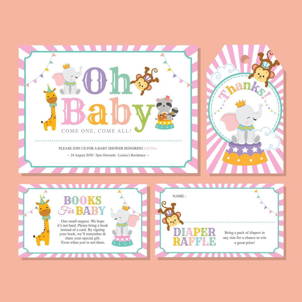 Baby shower invitation set with cute circus animals vector