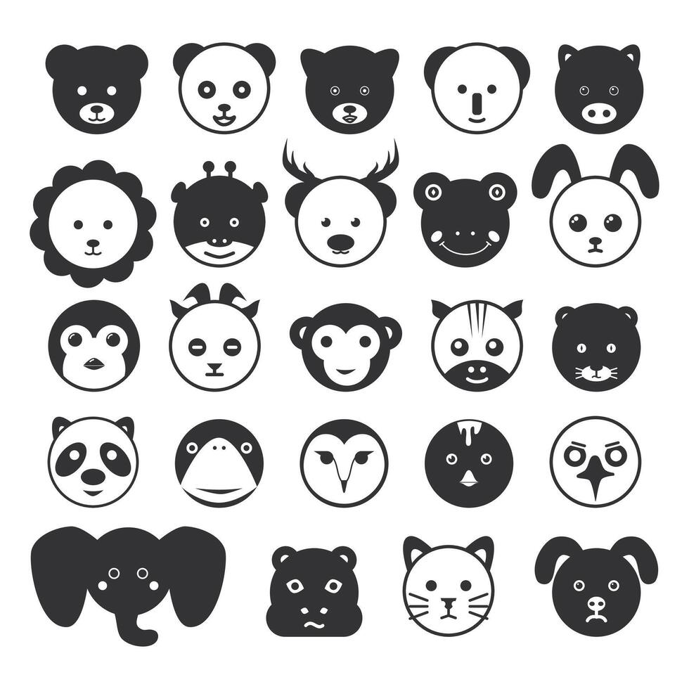 colección de negro siluetas de linda animal cabezas oso, panda, cerdo, elefante, águila, pingüino, mono, cebra, pollo, búho, gato, rana. vector